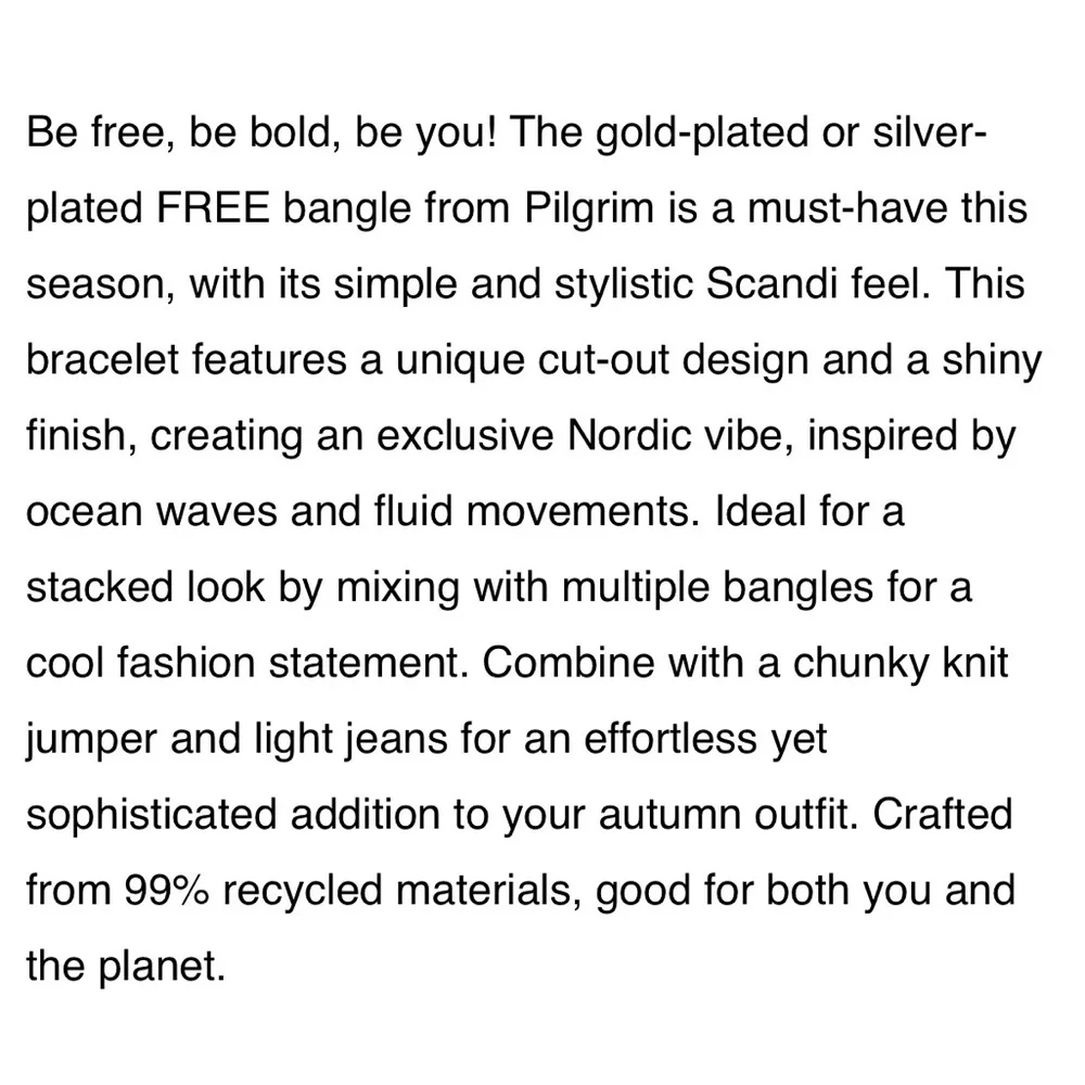 NWT Pilgrim Jewelry Free Recycled Cut-Out Gold Plated Bangle Bracelet